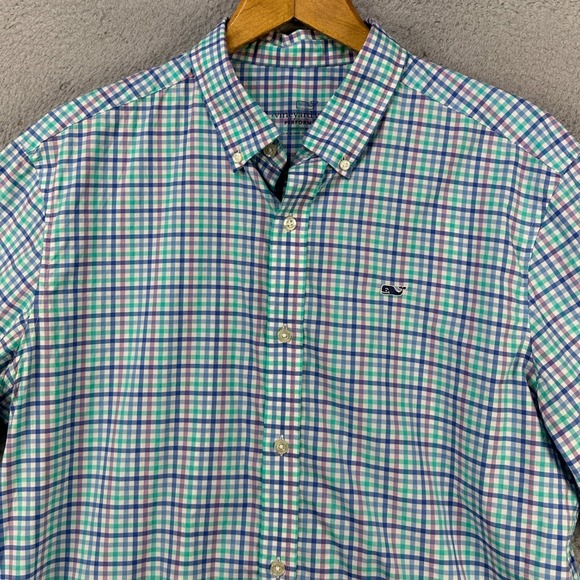 Vineyard Vines Performance Mens Whale Shirt Large Blue Green Plaid Classic Fit